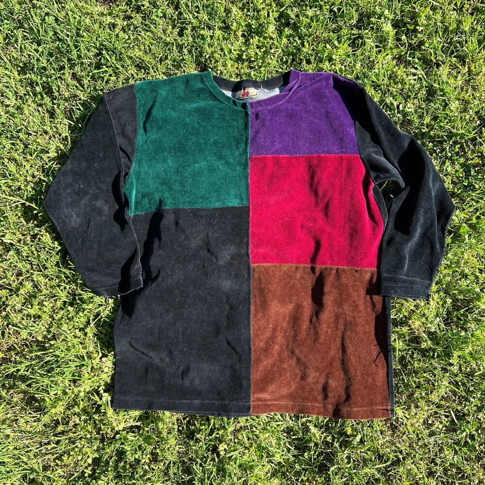 Vintage 90s Gloria Vanderbilt Signature Label Velour Colorblock Shirt Size XL